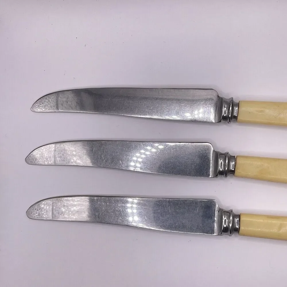 Bakelite Handle Yellow SHEFFIELD Butter Knife Set of 3 Lot MCM Vintage 8